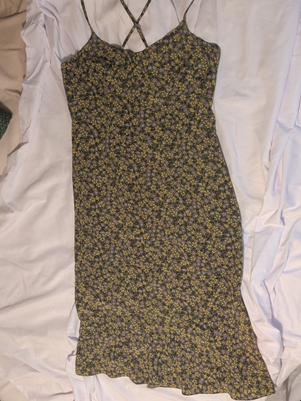 Express Yellow Floral Midi Slip Dress with Cross-Back Straps